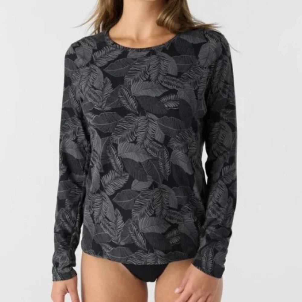 Hang Ten Sunray Long Sleeve Sun Tee UPF Gray Black Tropical Print Large Beach